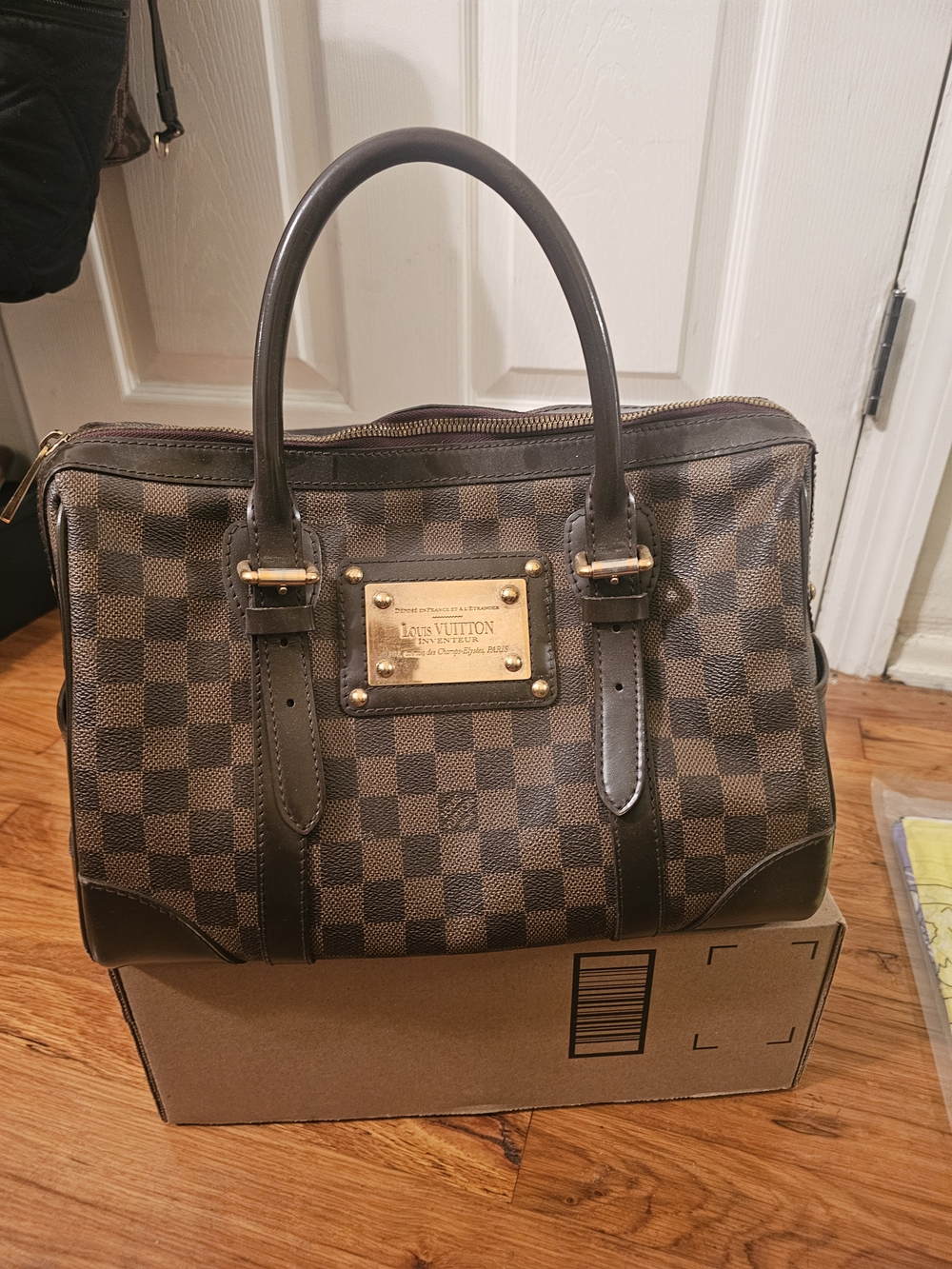 Louis Vuitton Brown Damier Ebene Handbag with Gold Plaque